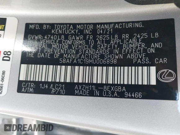 ✅ 2021 Lexus ES 300h Ultra Luxury • VIN: 58AFA1C19MU006898 • Lot: 45383672. Wystawiony na IAAI z przebiegiem 35 292 mil. Bezpłatny archiwum sprzedaży aukcyjnych z USA i szczegółowy raport historii pojazdu na DreamBid. Zdjęcie 9.