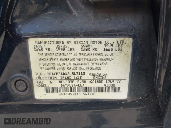 ✅ 2005 Nissan Sentra 1.8 • VIN: 3N1CB51DX5L563110 • Lot: 44974785. Wystawiony na IAAI z przebiegiem 121 864 mil. Bezpłatny archiwum sprzedaży aukcyjnych z USA i szczegółowy raport historii pojazdu na DreamBid. Zdjęcie 9.