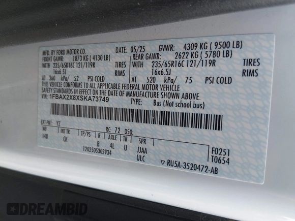 ✅ 2025 Ford Transit Passenger XLT • VIN: 1FBAX2X8XSKA73749 • Lot: 45050001. Wystawiony na IAAI z przebiegiem 28 498 mil. Bezpłatny archiwum sprzedaży aukcyjnych z USA i szczegółowy raport historii pojazdu na DreamBid. Zdjęcie 9.