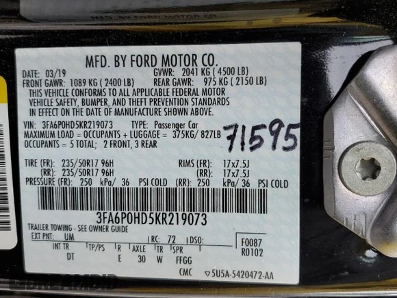 ✅ 2019 Ford Fusion SE • VIN: 3FA6P0HD5KR219073 • Lot: 69462192. Wystawiony na Copart z przebiegiem 41 730 mil. Bezpłatny archiwum sprzedaży aukcyjnych z USA i szczegółowy raport historii pojazdu na DreamBid. Zdjęcie 14.