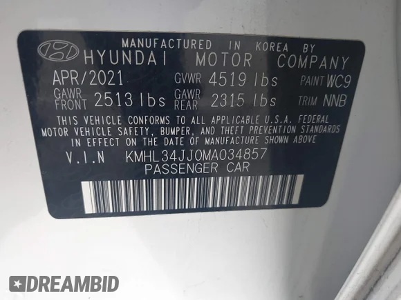 ✅ 2021 Hyundai Sonata SEL • VIN: KMHL34JJ0MA034857 • Lot: 44338979. Wystawiony na IAAI z przebiegiem 132 821 mil. Bezpłatny archiwum sprzedaży aukcyjnych z USA i szczegółowy raport historii pojazdu na DreamBid. Zdjęcie 9.