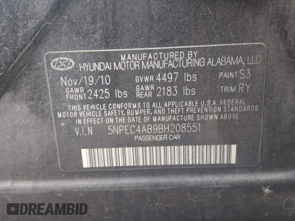 ✅ 2011 Hyundai Sonata SE • VIN: 5NPEC4AB9BH208551 • Lot: 45321731. Wystawiony na IAAI z przebiegiem 204 937 mil. Bezpłatny archiwum sprzedaży aukcyjnych z USA i szczegółowy raport historii pojazdu na DreamBid. Zdjęcie 9.