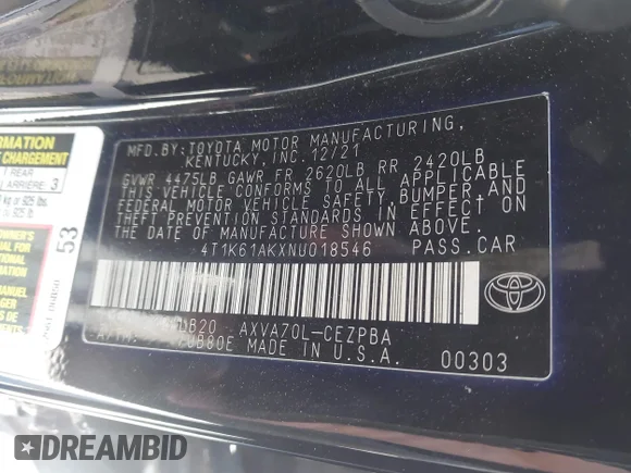 ✅ 2022 Toyota Camry XSE • VIN: 4T1K61AKXNU018546 • Lot: 45305573. Wystawiony na IAAI z przebiegiem 160 579 mil. Bezpłatny archiwum sprzedaży aukcyjnych z USA i szczegółowy raport historii pojazdu na DreamBid. Zdjęcie 9.