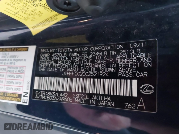 ✅ 2012 Lexus IS 250 C • VIN: JTHFF2C20C2521924 • Lot: 44218354. Listed on IAAI with 122,324 mi. Free auction sales archive from the USA and detailed vehicle history report at DreamBid. Image 9.