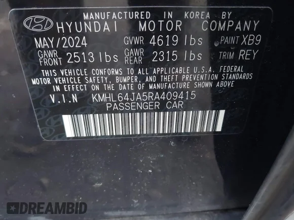 ✅ 2024 Hyundai Sonata SEL • VIN: KMHL64JA5RA409415 • Lot: 44158032. Wystawiony na IAAI z przebiegiem 13 255 mil. Bezpłatny archiwum sprzedaży aukcyjnych z USA i szczegółowy raport historii pojazdu na DreamBid. Zdjęcie 9.