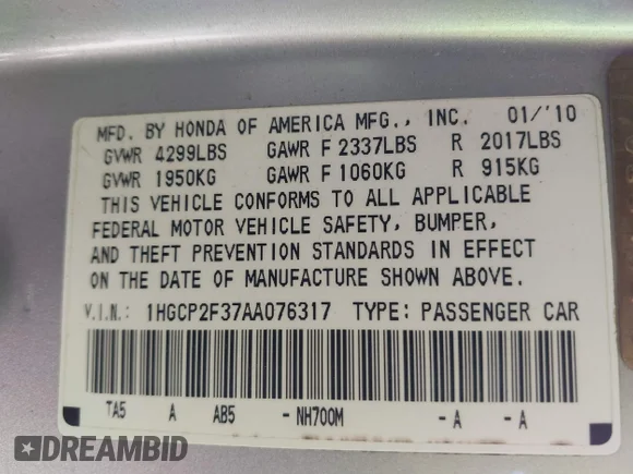 ✅ 2010 Honda Accord LX • VIN: 1HGCP2F37AA076317 • Lot: 43486104. Wystawiony na IAAI z przebiegiem 329 881 mil. Bezpłatny archiwum sprzedaży aukcyjnych z USA i szczegółowy raport historii pojazdu na DreamBid. Zdjęcie 9.