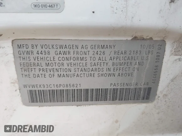 ✅ 2006 Volkswagen Passat Lux • VIN: WVWEK93C16P085621 • Lot: 43187184. Wystawiony na IAAI z przebiegiem 251 076 mil. Bezpłatny archiwum sprzedaży aukcyjnych z USA i szczegółowy raport historii pojazdu na DreamBid. Zdjęcie 9.