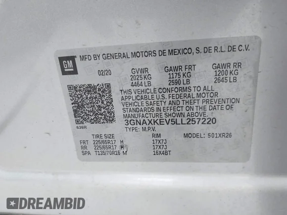 ✅ 2020 Chevrolet Equinox LT • VIN: 3GNAXKEV5LL257220 • Lot: 40481603. Wystawiony na IAAI z przebiegiem 51 967 mil. Bezpłatny archiwum sprzedaży aukcyjnych z USA i szczegółowy raport historii pojazdu na DreamBid. Zdjęcie 9.