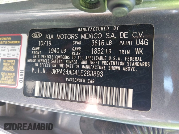 ✅ 2020 Kia Rio S • VIN: 3KPA24AD4LE283893 • Лот: 45089262. Опубликован ранее на IAAI с пробегом 89 024 миль. Бесплатный доступ к архиву аукционных продаж из США и подробный отчёт об истории автомобиля на DreamBid. Изображение 9.