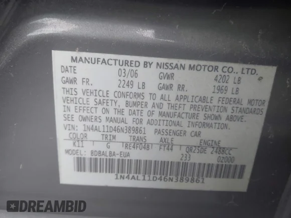 ✅ 2006 Nissan Altima S • VIN: 1N4AL11D46N389861 • Lot: 45423350. Wystawiony na IAAI z przebiegiem 104 598 mil. Bezpłatny archiwum sprzedaży aukcyjnych z USA i szczegółowy raport historii pojazdu na DreamBid. Zdjęcie 9.
