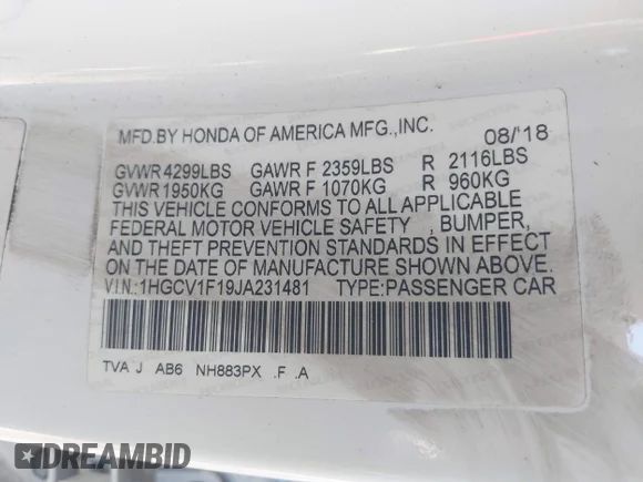 ✅ 2018 Honda Accord LX • VIN: 1HGCV1F19JA231481 • Lot: 44664918. Wystawiony na IAAI z przebiegiem 93 115 mil. Bezpłatny archiwum sprzedaży aukcyjnych z USA i szczegółowy raport historii pojazdu na DreamBid. Zdjęcie 9.