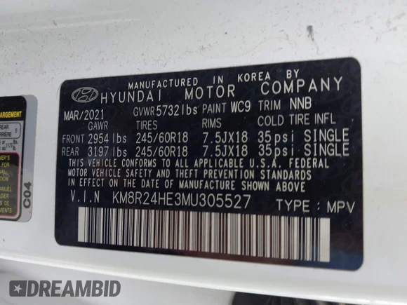 ✅ 2021 Hyundai Palisade SEL • VIN: KM8R24HE3MU305527 • Lot: 41890500. Wystawiony na IAAI z przebiegiem 55 514 mil. Bezpłatny archiwum sprzedaży aukcyjnych z USA i szczegółowy raport historii pojazdu na DreamBid. Zdjęcie 9.