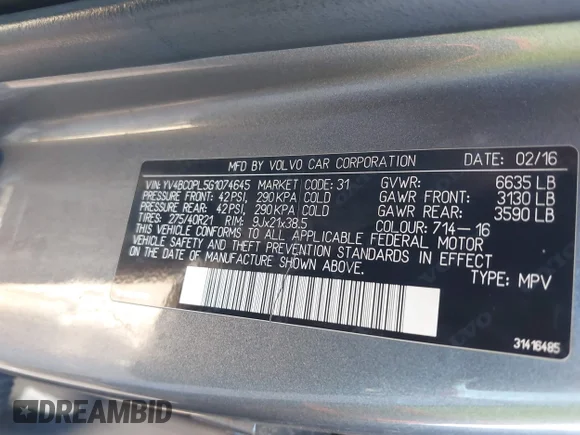 ✅ 2016 Volvo XC90 T8 Inscription • VIN: YV4BC0PL5G1074645 • Lot: 45434311. Listed on IAAI with 81,684 mi. Free auction sales archive from the USA and detailed vehicle history report at DreamBid. Image 9.
