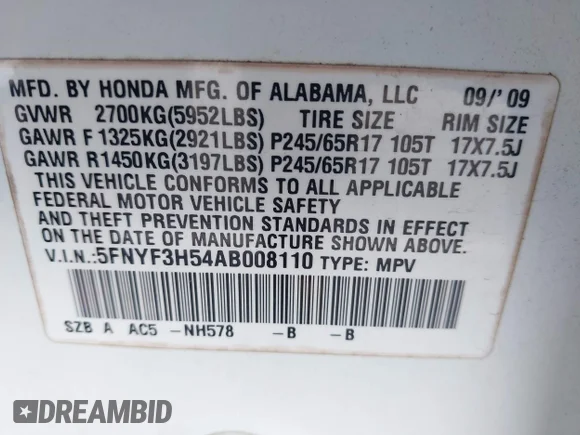 ✅ 2010 Honda Pilot EX-L • VIN: 5FNYF3H54AB008110 • Lot: 43146192. Listed on IAAI with 209,051 mi. Free auction sales archive from the USA and detailed vehicle history report at DreamBid. Image 9.