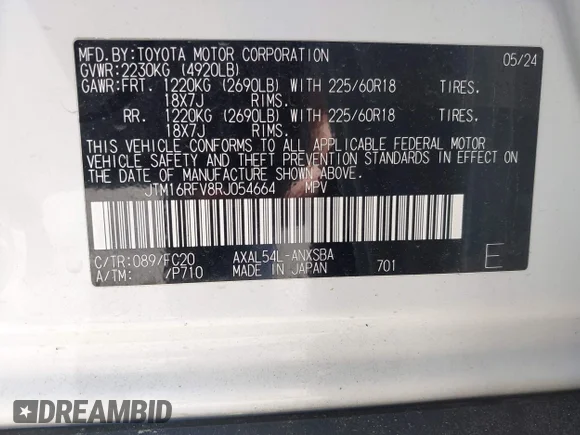 ✅ 2024 Toyota RAV4 Hybrid SE • VIN: JTM16RFV8RJ054664 • Lot: 44643763. Listed on IAAI with 29,049 mi. Free auction sales archive from the USA and detailed vehicle history report at DreamBid. Image 9.