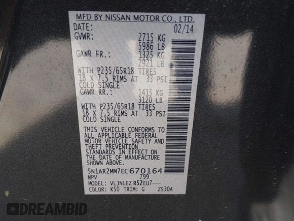✅ 2014 Nissan Pathfinder Platinum • VIN: 5N1AR2MM7EC670164 • Lot: 44717655. Wystawiony na IAAI z przebiegiem 169 564 mil. Bezpłatny archiwum sprzedaży aukcyjnych z USA i szczegółowy raport historii pojazdu na DreamBid. Zdjęcie 9.