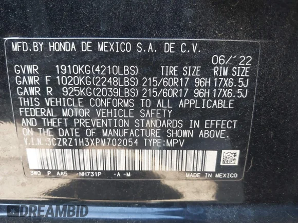 ✅ 2023 Honda HR-V LX • VIN: 3CZRZ1H3XPM702054 • Lot: 44363592. Wystawiony na IAAI z przebiegiem 25 407 mil. Bezpłatny archiwum sprzedaży aukcyjnych z USA i szczegółowy raport historii pojazdu na DreamBid. Zdjęcie 9.