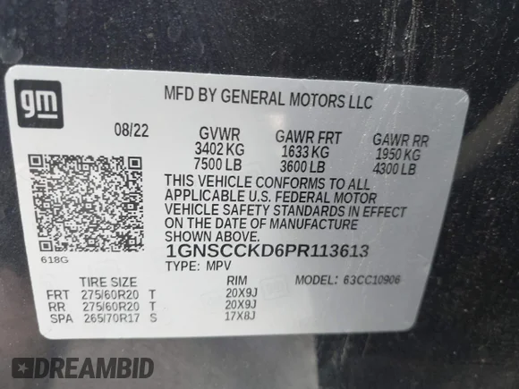 ✅ 2023 Chevrolet Suburban LT • VIN: 1GNSCCKD6PR113613 • Лот: 45346666. Опубликован ранее на IAAI с пробегом 49 590 миль. Бесплатный доступ к архиву аукционных продаж из США и подробный отчёт об истории автомобиля на DreamBid. Изображение 9.