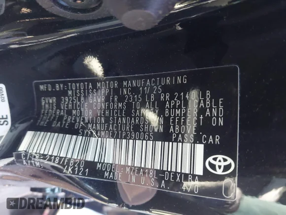 ✅ 2026 Toyota Corolla LE • VIN: 5YFB4MDE7TP390065 • Lot: 45292969. Wystawiony na IAAI z przebiegiem 11 555 mil. Bezpłatny archiwum sprzedaży aukcyjnych z USA i szczegółowy raport historii pojazdu na DreamBid. Zdjęcie 9.