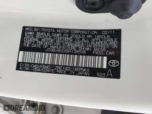 ✅ 2011 Toyota Corolla LE • VIN: JTDBU4EE6B9138598 • Lot: 44074695. Listed on IAAI with 143,829 mi. Free auction sales archive from the USA and detailed vehicle history report at DreamBid. Image 9.
