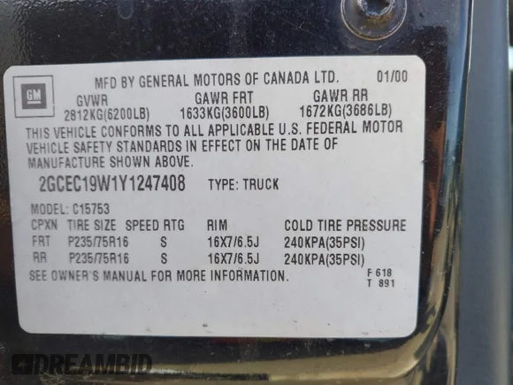 ✅ 2000 Chevrolet Silverado 1500 • VIN: 2GCEC19W1Y1247408 • Lot: 44194143. Listed on IAAI with 250,967 mi. Free auction sales archive from the USA and detailed vehicle history report at DreamBid. Image 9.