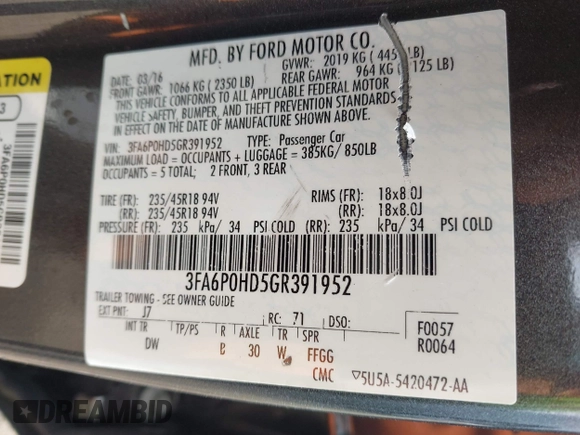 ✅ 2016 Ford Fusion SE • VIN: 3FA6P0HD5GR391952 • Lot: 43286428. Wystawiony na IAAI z przebiegiem 117 015 mil. Bezpłatny archiwum sprzedaży aukcyjnych z USA i szczegółowy raport historii pojazdu na DreamBid. Zdjęcie 9.
