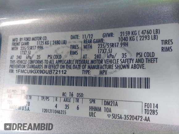 ✅ 2013 Ford Escape SE • VIN: 1FMCU9GX9DUB72112 • Lot: 43961999. Wystawiony na IAAI z przebiegiem Nie podano. Bezpłatny archiwum sprzedaży aukcyjnych z USA i szczegółowy raport historii pojazdu na DreamBid. Zdjęcie 9.