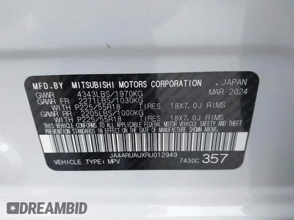 ✅ 2024 Mitsubishi Outlander S • VIN: JA4ARUAUXRU012949 • Лот: 41580421. Опубликован ранее на IAAI с пробегом 10 642 миль. Бесплатный доступ к архиву аукционных продаж из США и подробный отчёт об истории автомобиля на DreamBid. Изображение 9.
