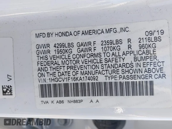 ✅ 2019 Honda Accord LX • VIN: 1HGCV1F16KA174092 • Lot: 45013173. Wystawiony na IAAI z przebiegiem 108 421 mil. Bezpłatny archiwum sprzedaży aukcyjnych z USA i szczegółowy raport historii pojazdu na DreamBid. Zdjęcie 9.