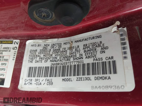 ✅ 2007 Toyota Corolla S • VIN: 1NXBR32E87Z777601 • Lot: 45472075. Listed on IAAI with 267,206 mi. Free auction sales archive from the USA and detailed vehicle history report at DreamBid. Image 9.