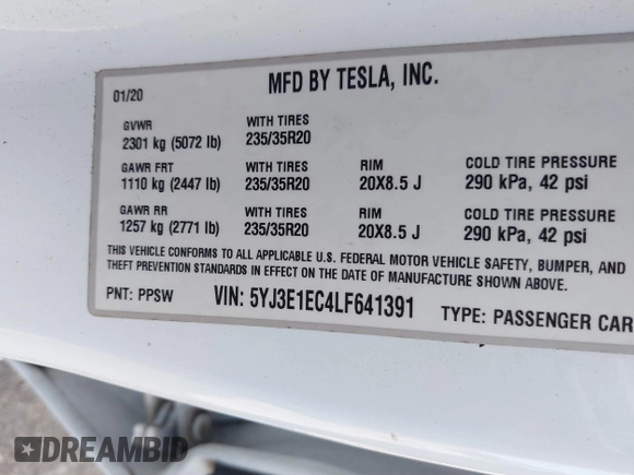 ✅ 2020 Tesla Model 3 Performance • VIN: 5YJ3E1EC4LF641391 • Lot: 43087689. Wystawiony na IAAI z przebiegiem 117 987 mil. Bezpłatny archiwum sprzedaży aukcyjnych z USA i szczegółowy raport historii pojazdu na DreamBid. Zdjęcie 9.