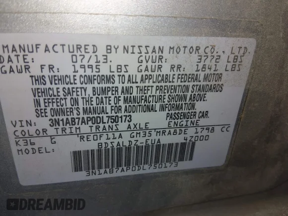 ✅ 2013 Nissan Sentra SL • VIN: 3N1AB7AP0DL750173 • Lot: 44986266. Wystawiony na IAAI z przebiegiem 202 405 mil. Bezpłatny archiwum sprzedaży aukcyjnych z USA i szczegółowy raport historii pojazdu na DreamBid. Zdjęcie 9.