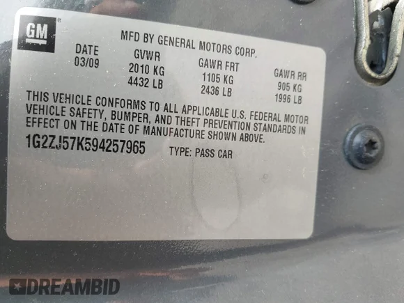 ✅ 2009 Pontiac G6 1SB • VIN: 1G2ZJ57K594257965 • Lot: 42224903. Wystawiony na IAAI z przebiegiem 233 990 mil. Bezpłatny archiwum sprzedaży aukcyjnych z USA i szczegółowy raport historii pojazdu na DreamBid. Zdjęcie 9.
