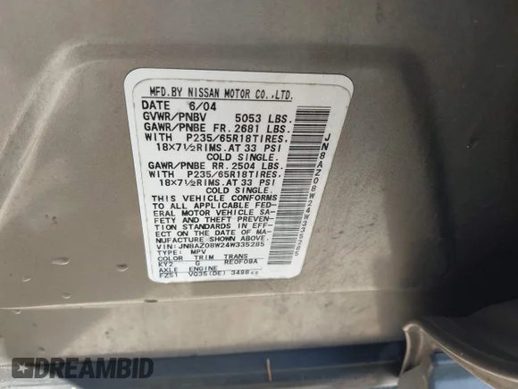 ✅ 2004 Nissan Murano SE • VIN: JN8AZ08W24W335285 • Лот: 43311141. Опубликован ранее на IAAI с пробегом 128 597 миль. Бесплатный доступ к архиву аукционных продаж из США и подробный отчёт об истории автомобиля на DreamBid. Изображение 9.