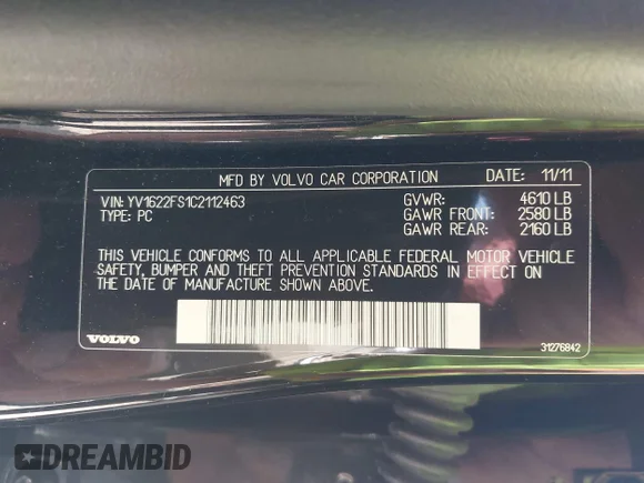 ✅ 2012 Volvo S60 T5 • VIN: YV1622FS1C2112463 • Лот: 42250234. Опубликован ранее на IAAI с пробегом 161 268 миль. Бесплатный доступ к архиву аукционных продаж из США и подробный отчёт об истории автомобиля на DreamBid. Изображение 9.