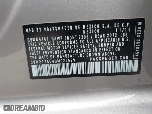 ✅ 2017 Volkswagen Golf S • VIN: 3VW217AU4HM025599 • Lot: 41733478. Wystawiony na IAAI z przebiegiem 40 316 mil. Bezpłatny archiwum sprzedaży aukcyjnych z USA i szczegółowy raport historii pojazdu na DreamBid. Zdjęcie 9.