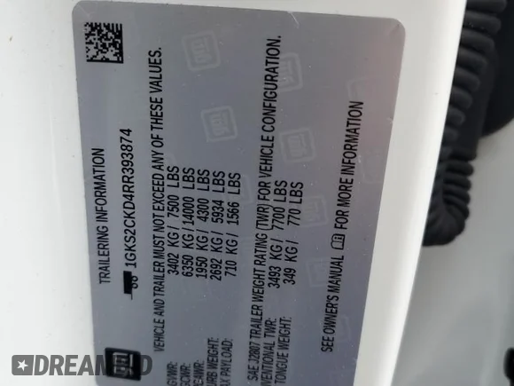 ✅ 2024 GMC Yukon AT4 • VIN: 1GKS2CKD4RR393874 • Lot: 66235615. Wystawiony na Copart z przebiegiem 14 341 mil. Bezpłatny archiwum sprzedaży aukcyjnych z USA i szczegółowy raport historii pojazdu na DreamBid. Zdjęcie 13.