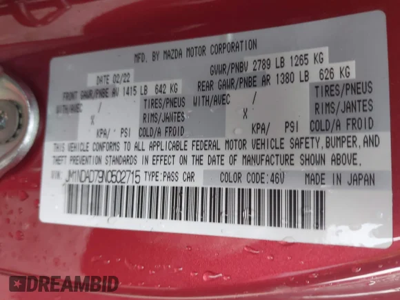 ✅ 2022 Mazda MX-5 Miata Grand Touring • VIN: JM1NDAD79N0502715 • Lot: 44530795. Wystawiony na IAAI z przebiegiem 22 260 mil. Bezpłatny archiwum sprzedaży aukcyjnych z USA i szczegółowy raport historii pojazdu na DreamBid. Zdjęcie 9.