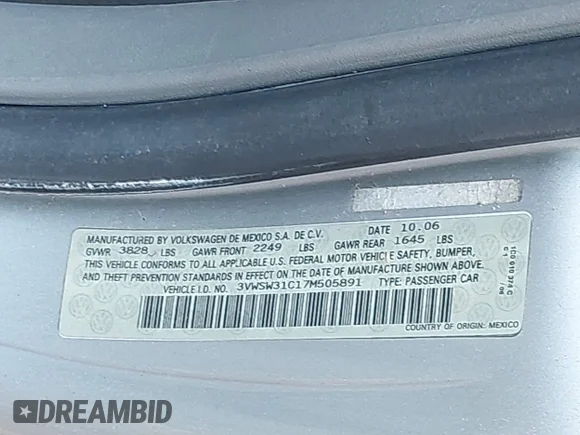 ✅ 2007 Volkswagen Beetle • VIN: 3VWSW31C17M505891 • Lot: 43294084. Wystawiony na IAAI z przebiegiem 82 700 mil. Bezpłatny archiwum sprzedaży aukcyjnych z USA i szczegółowy raport historii pojazdu na DreamBid. Zdjęcie 9.
