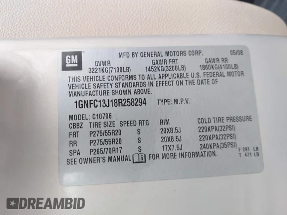 ✅ 2008 Chevrolet Tahoe 1LT • VIN: 1GNFC13J18R258294 • Lot: 43641617. Wystawiony na IAAI z przebiegiem 206 460 mil. Bezpłatny archiwum sprzedaży aukcyjnych z USA i szczegółowy raport historii pojazdu na DreamBid. Zdjęcie 9.