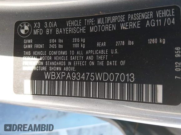 ✅ 2005 BMW X3 3.0i • VIN: WBXPA93475WD07013 • Лот: 44683016. Опубликован ранее на IAAI с пробегом 127 310 миль. Бесплатный доступ к архиву аукционных продаж из США и подробный отчёт об истории автомобиля на DreamBid. Изображение 9.