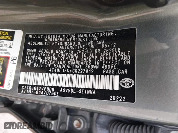 ✅ 2012 Toyota Camry L • VIN: 4T4BF1FK4CR227812 • Lot: 44693619. Wystawiony na IAAI z przebiegiem 229 830 mil. Bezpłatny archiwum sprzedaży aukcyjnych z USA i szczegółowy raport historii pojazdu na DreamBid. Zdjęcie 9.