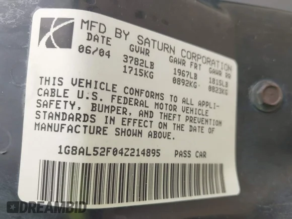 ✅ 2004 Saturn ION ION 3 • VIN: 1G8AL52F04Z214895 • Лот: 43152252. Опубликован ранее на IAAI с пробегом 167 819 миль. Бесплатный доступ к архиву аукционных продаж из США и подробный отчёт об истории автомобиля на DreamBid. Изображение 9.