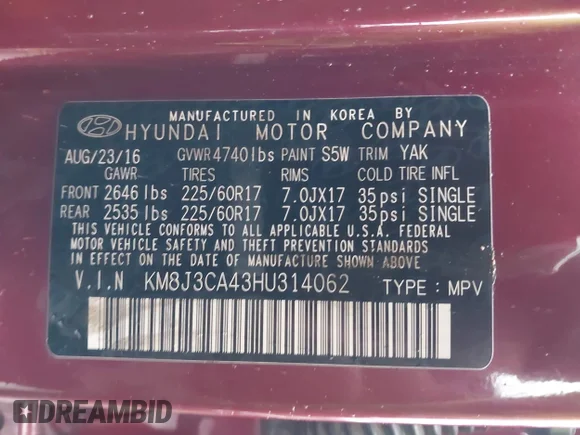 ✅ 2017 Hyundai Tucson SE Plus • VIN: KM8J3CA43HU314062 • Lot: 43859912. Listed on IAAI with 83,957 mi. Free auction sales archive from the USA and detailed vehicle history report at DreamBid. Image 9.