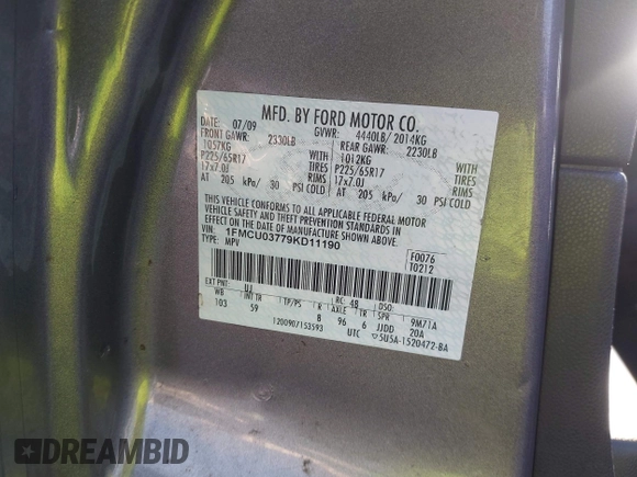 ✅ 2009 Ford Escape XLT • VIN: 1FMCU03779KD11190 • Lot: 44111709. Wystawiony na IAAI z przebiegiem 177 994 mil. Bezpłatny archiwum sprzedaży aukcyjnych z USA i szczegółowy raport historii pojazdu na DreamBid. Zdjęcie 9.