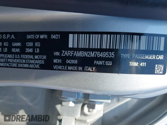 ✅ 2021 Alfa Romeo Giulia Ti • VIN: ZARFAMBN2M7649535 • Лот: 43012006. Опубліковано раніше на IAAI з пробігом 43 298 миль. Безкоштовний доступ до архіву аукціонних продажів зі США та докладний звіт про історію автомобіля на DreamBid. Зображення 9.