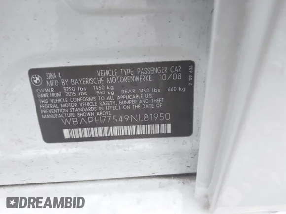 ✅ 2009 BMW 3 Series 328i • VIN: WBAPH77549NL81950 • Lot: 41541707. Listed on IAAI with 178,387 mi. Free auction sales archive from the USA and detailed vehicle history report at DreamBid. Image 9.