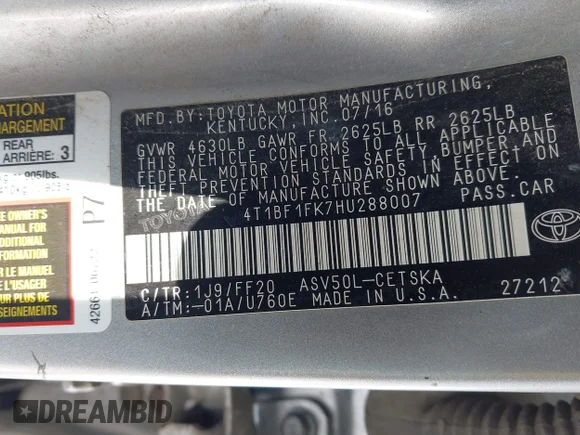 ✅ 2017 Toyota Camry SE • VIN: 4T1BF1FK7HU288007 • Lot: 44401238. Wystawiony na IAAI z przebiegiem 207 546 mil. Bezpłatny archiwum sprzedaży aukcyjnych z USA i szczegółowy raport historii pojazdu na DreamBid. Zdjęcie 9.
