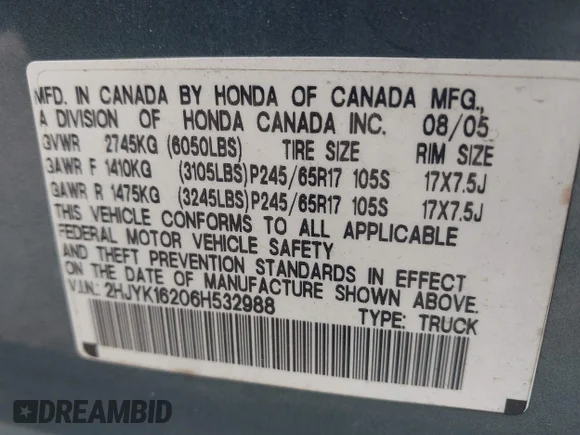✅ 2006 Honda Ridgeline RT • VIN: 2HJYK16206H532988 • Лот: 42717034. Опубликован ранее на IAAI с пробегом 288 702 миль. Бесплатный доступ к архиву аукционных продаж из США и подробный отчёт об истории автомобиля на DreamBid. Изображение 9.
