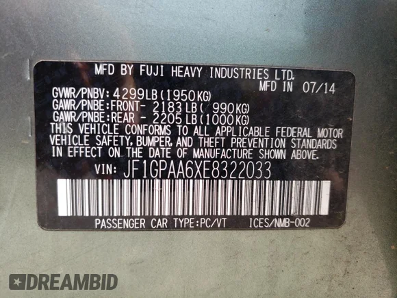 ✅ 2014 Subaru Impreza 2.0i • VIN: JF1GPAA6XE8322033 • Lot: 73313304. Wystawiony na Copart z przebiegiem 88 373 mil. Bezpłatny archiwum sprzedaży aukcyjnych z USA i szczegółowy raport historii pojazdu na DreamBid. Zdjęcie 12.